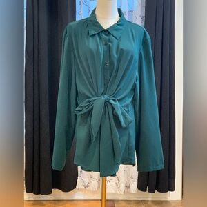 SHEIN‎ Green Button Down Shirt with Tie Front and Long Sleeves